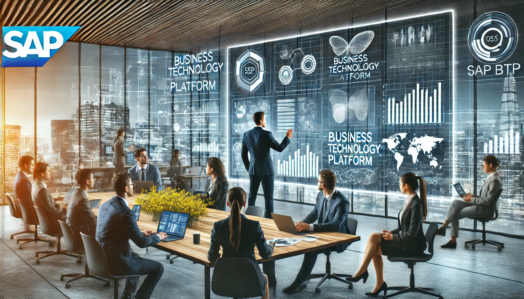 A modern office space with professionals working on laptops and discussing business technology platforms. One person is presenting data on a large scr